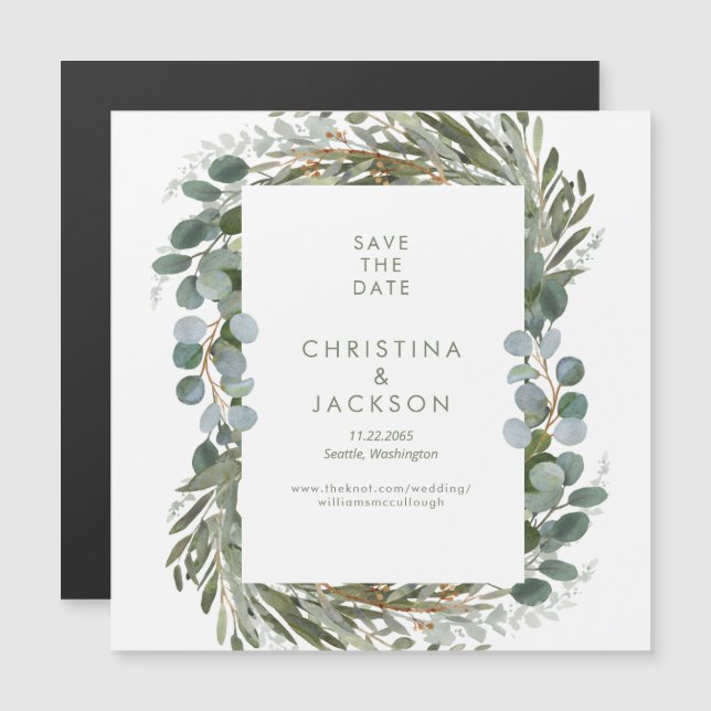 Invitación Magnética Boda moderna de eucalipto Salva la fecha (Anverso/Reverso)