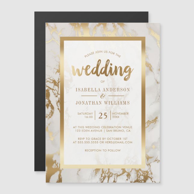 Invitación Magnética Boda moderno de bronce y mármol (Anverso/Reverso)