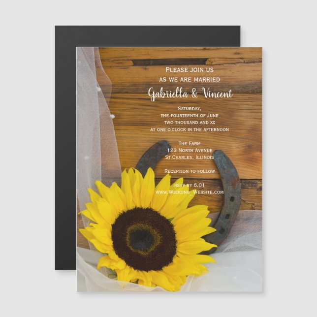 Invitación Magnética Boda occidental del girasol y la herradura (Anverso/Reverso)
