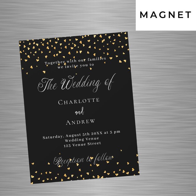 Invitación Magnética Boda oro negro corazones escritura elegante lujo (Subido por el creador)