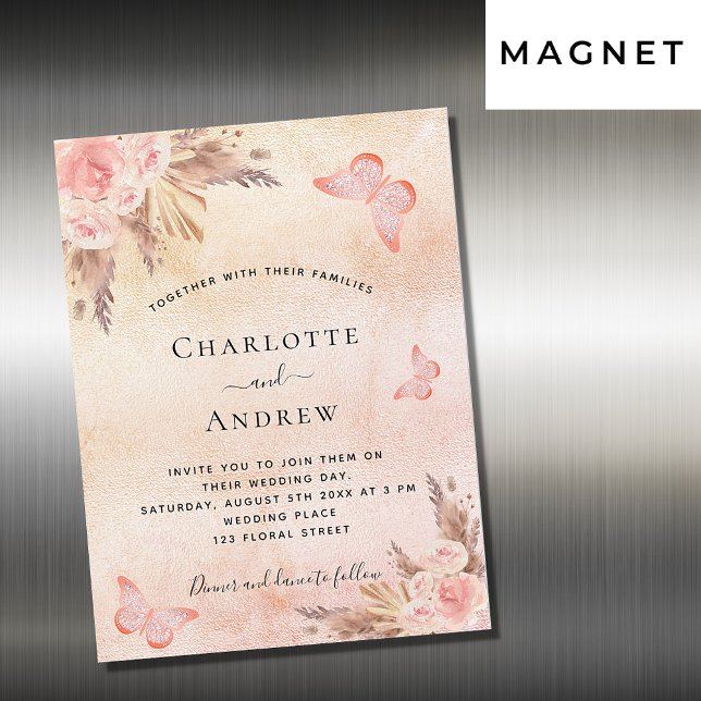 Invitación Magnética Boda pampas césped rosa oro mariposa lujo (Subido por el creador)