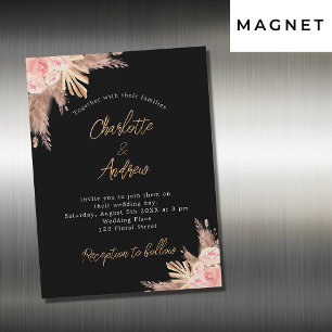 Invitación Magnética Boda pampas negro rosa oro floral lujo