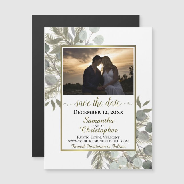Invitación Magnética Boda Pine Eucalyptus Ahorra la foto de la fecha Bl (Anverso/Reverso)
