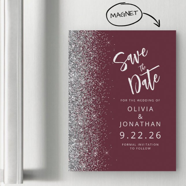 Invitación Magnética Boda Plata Borgoña Save the Date (Subido por el creador)