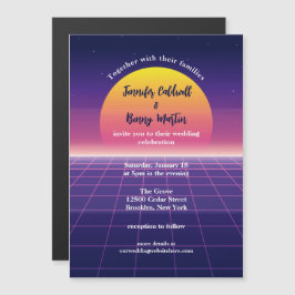 Invitación Magnética Boda Retro 80 Neon Purple Synthwave Sunset