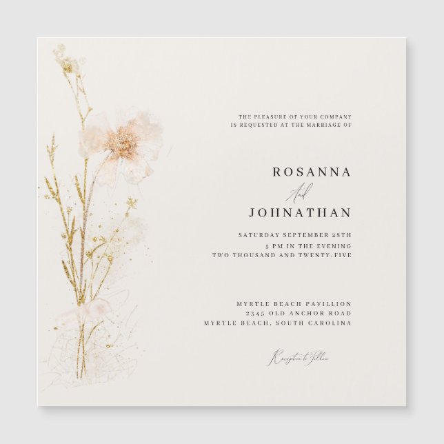 Invitación Magnética Boda Romántico de Oro y Flores Presionadas Rubor (Anverso)