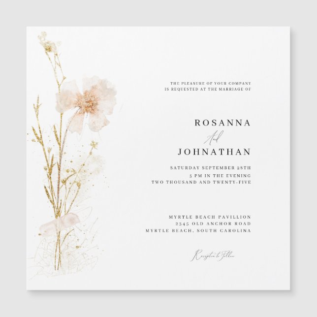 Invitación Magnética Boda Romántico de Oro y Flores Presionadas Rubor (Anverso)