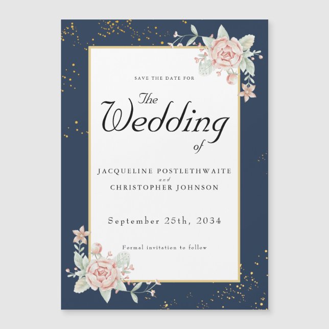Invitación Magnética Boda rosa Rubor azul de la marina salva la fecha (Anverso)