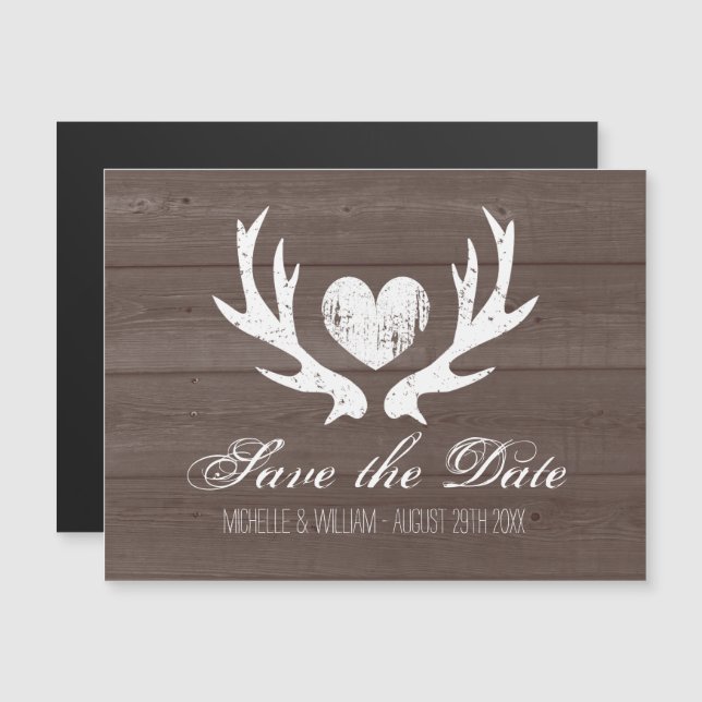 Invitación Magnética Boda rústica de ciervos antler de madera salva la  (Anverso/Reverso)