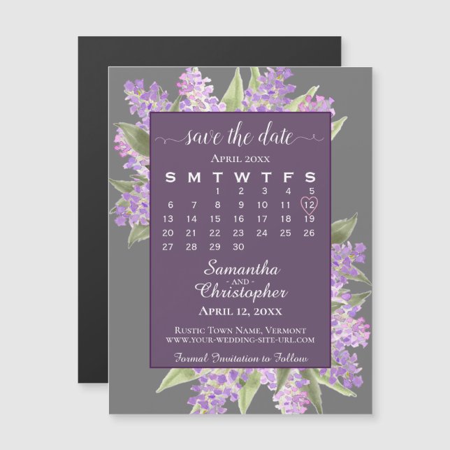 Invitación Magnética Boda rústica de los Lilacs salva el gris del calen (Anverso/Reverso)