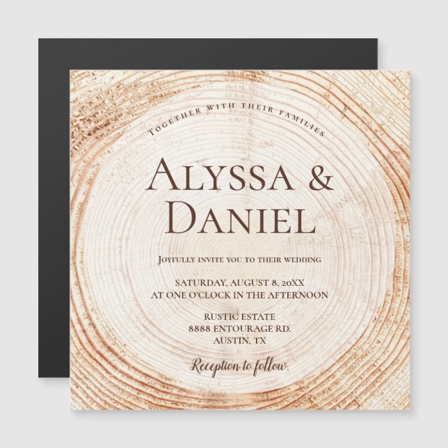 Invitación Magnética Boda Rústico Personalizado de rodajas de madera na (Anverso/Reverso)