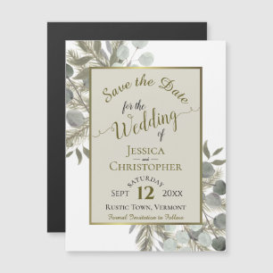 Invitación Magnética Boda Salva la Fecha Dorada Pino y Verdor Taupe