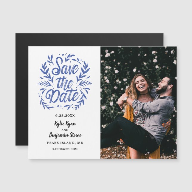 Invitación Magnética Boda Salvar la caligrafía fotográfica de fecha Bot (Anverso/Reverso)