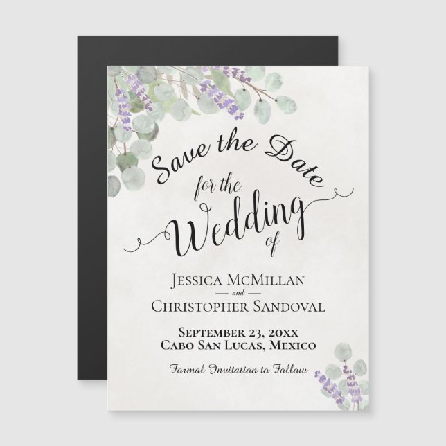 Invitación Magnética Boda Salvar la fecha Eucaliptus y Lavender Blanco (Anverso/Reverso)