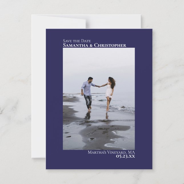 Invitación Magnética Boda Salvar la fecha foto vertical azul de la Mari (Anverso)