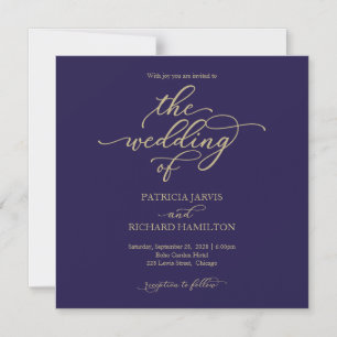 Invitación Magnética Boda Simple Chic Oro Azul Marino