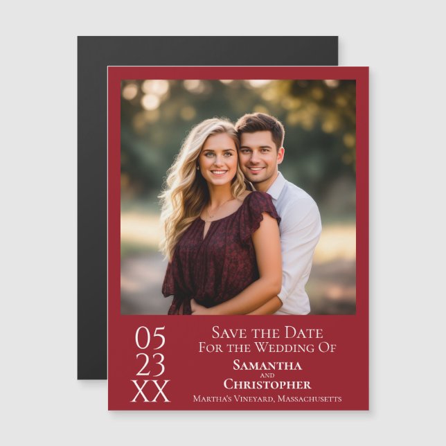 Invitación Magnética Boda Simple Moderna Guardar la Fecha Foto Carmesí (Anverso/Reverso)