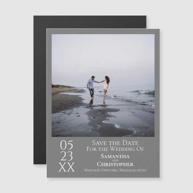 Invitación Magnética Boda simple moderna salva la foto gris (Anverso/Reverso)