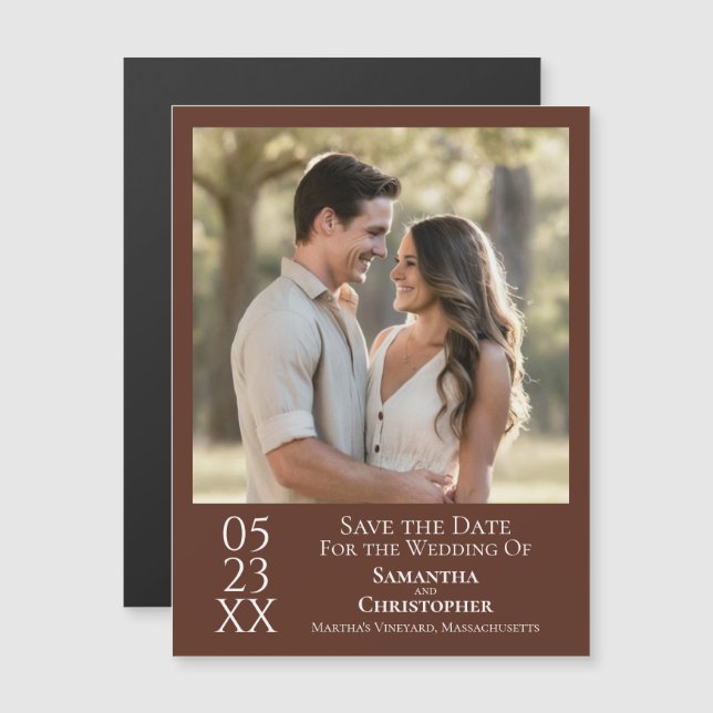 Invitación Magnética Boda simple moderna salva la foto marrón (Anverso/Reverso)