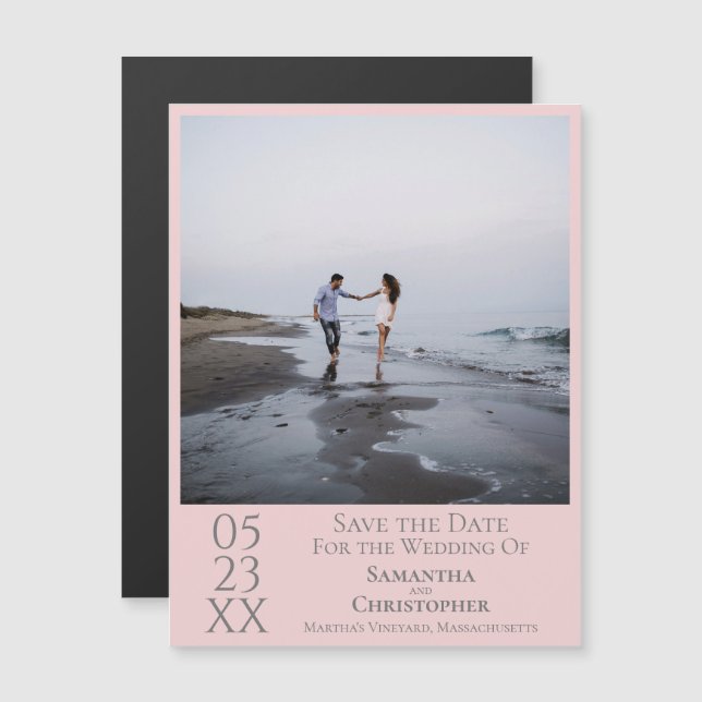 Invitación Magnética Boda simple moderna salva la foto rosa de la fecha (Anverso/Reverso)