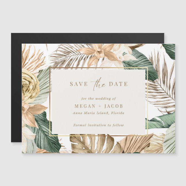 Invitación Magnética Boda tropical de hojas de playa salva la fecha (Anverso/Reverso)