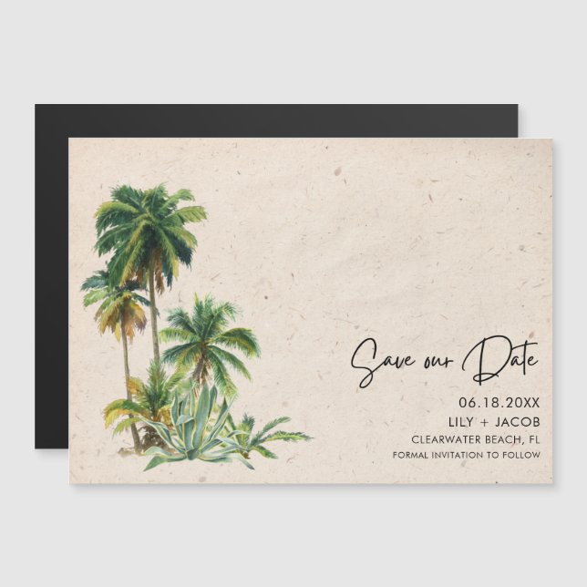Invitación Magnética Boda Tropical de Playa de Destino Guardar La Fecha (Anverso/Reverso)