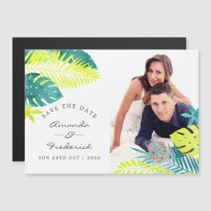 Invitación Magnética Boda Tropical de Verde Azul y Limón Save the Date
