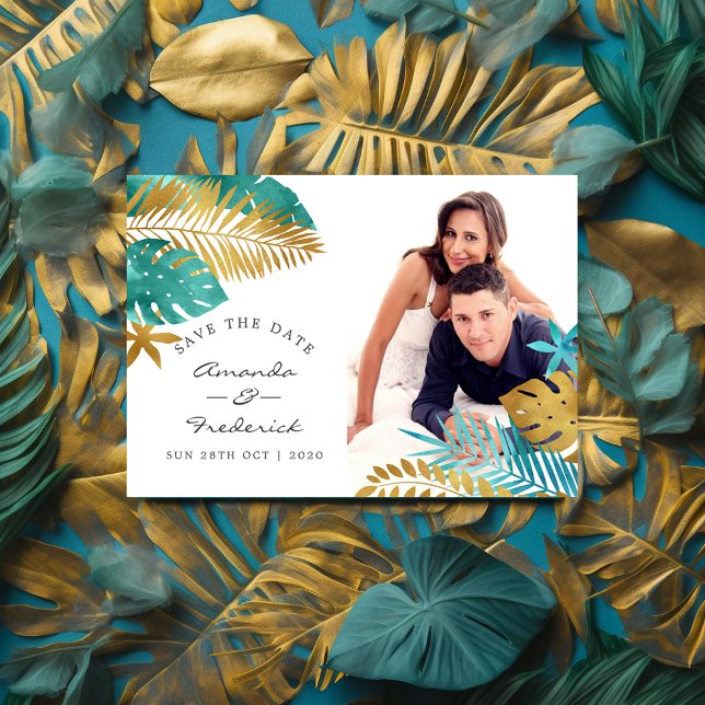 Invitación Magnética Boda tropical verde azulada y de oro salva la fech (Subido por el creador)