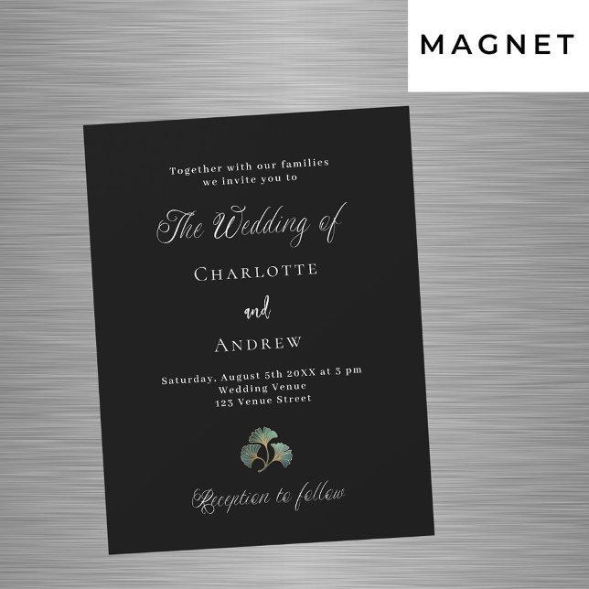 Invitación Magnética Boda verde negro ginkgo deja el guión lujo (Subido por el creador)