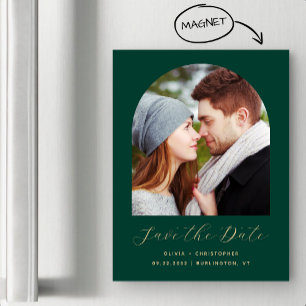 Invitación Magnética Boho Foto Arco Verde Esmeralda Dorado Salva la Fec