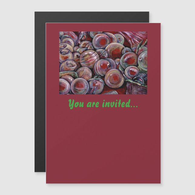 Invitación Magnética Bolas de Navidades rojos (Anverso/Reverso)