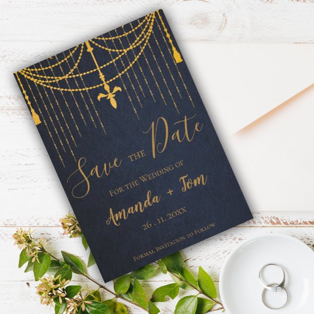 Invitación Magnética Bonito Azul Tradicional Oro Twirls Boda de lujo (Subido por el creador)