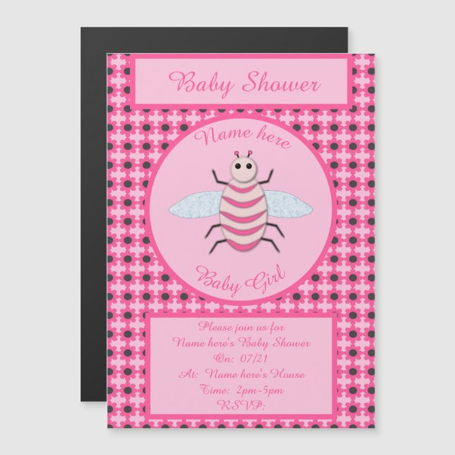 Invitación Magnética Bonito Bebé Rosa Bee Personalizado Baby Shower (Anverso/Reverso)