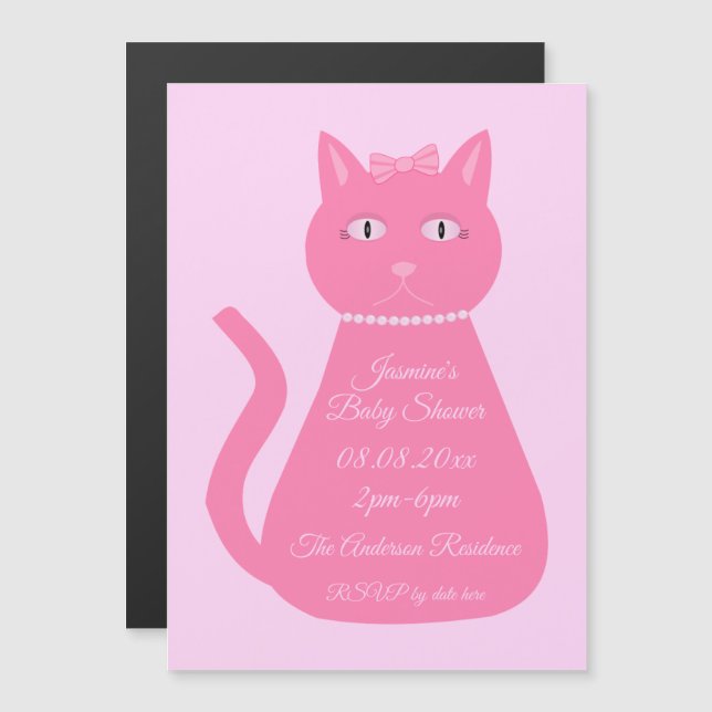 Invitación Magnética Bonito Niña Rosa Personalizado Gato Baby Shower (Anverso/Reverso)