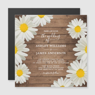 Invitación Magnética Bonitos Daisies Boda de Madera Rústica Floral Blan