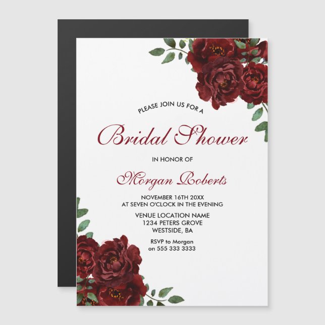 Invitación Magnética Borgoña Roza Roza Romántica Ducha De Novias (Anverso/Reverso)