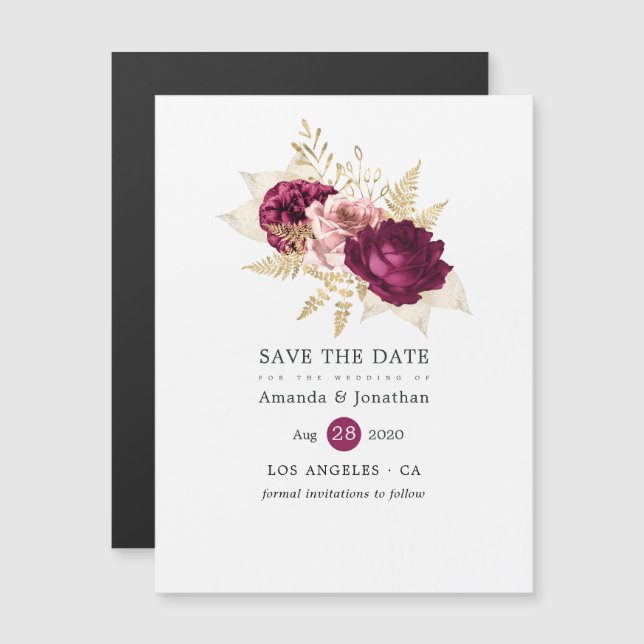 Invitación Magnética Borgoña Rubor & Gold Floral Wedding Save the Date (Anverso/Reverso)