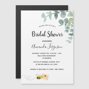 Invitación Magnética Bridal Shower eucalipto abeja blanca elegante