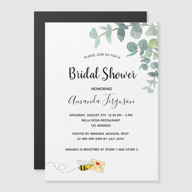 Invitación Magnética Bridal Shower eucalipto abeja blanca elegante (Anverso/Reverso)