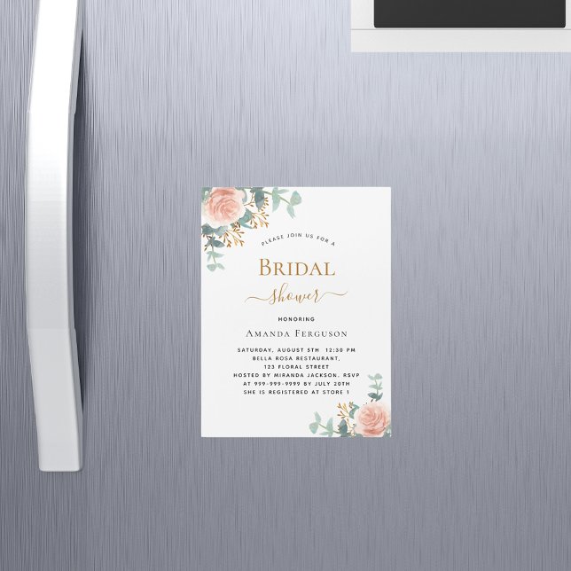 Invitación Magnética Bridal Shower floral rosa dorado de lujo (Subido por el creador)