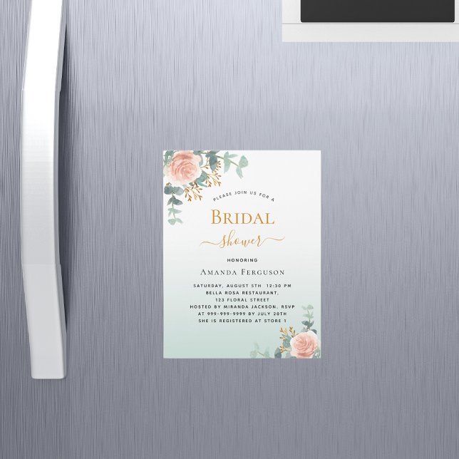 Invitación Magnética Bridal Shower floral rosa dorado de lujo (Subido por el creador)