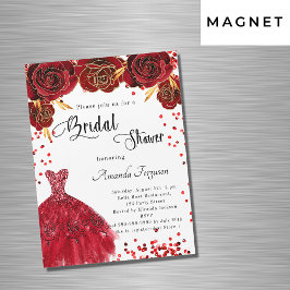 Invitación Magnética Bridal Shower rojo vestido blanco rosas flores luj
