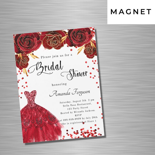 Invitación Magnética Bridal Shower rojo vestido blanco rosas flores luj (Subido por el creador)