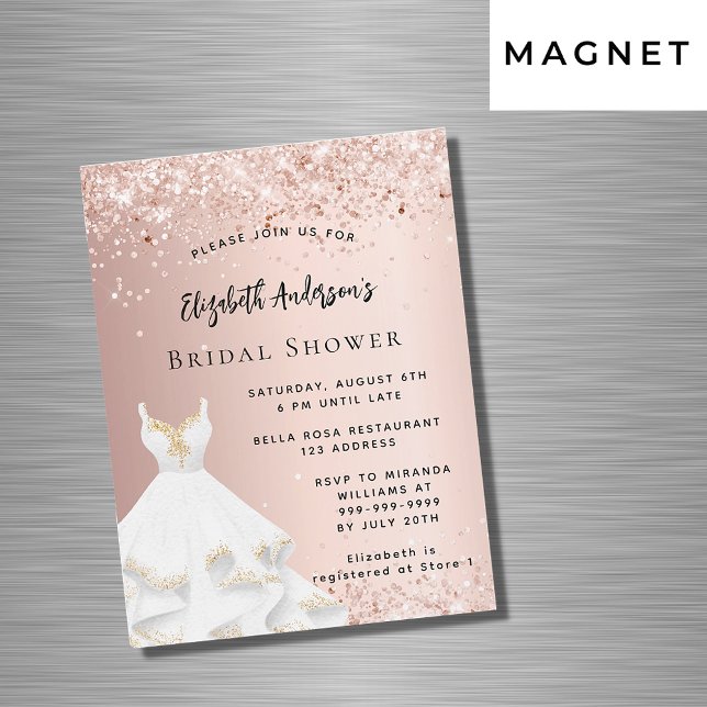 Invitación Magnética Bridal Shower rosa vestido blanco dorado lujo (Subido por el creador)