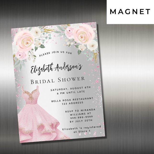 Invitación Magnética Bridal Shower vestido rosa plateado purpurina lujo (Subido por el creador)