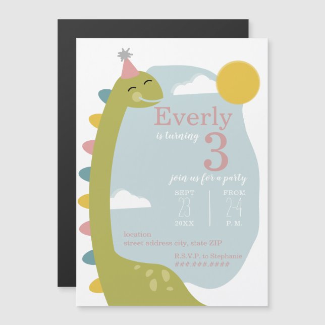 Invitación Magnética Brontosauro Dinosaurio Pink Cumpleaños (Anverso/Reverso)