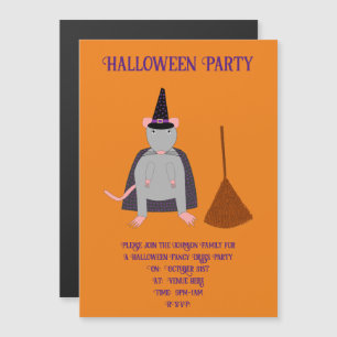Invitación Magnética Bruja de Halloween rata y escoba personalizado
