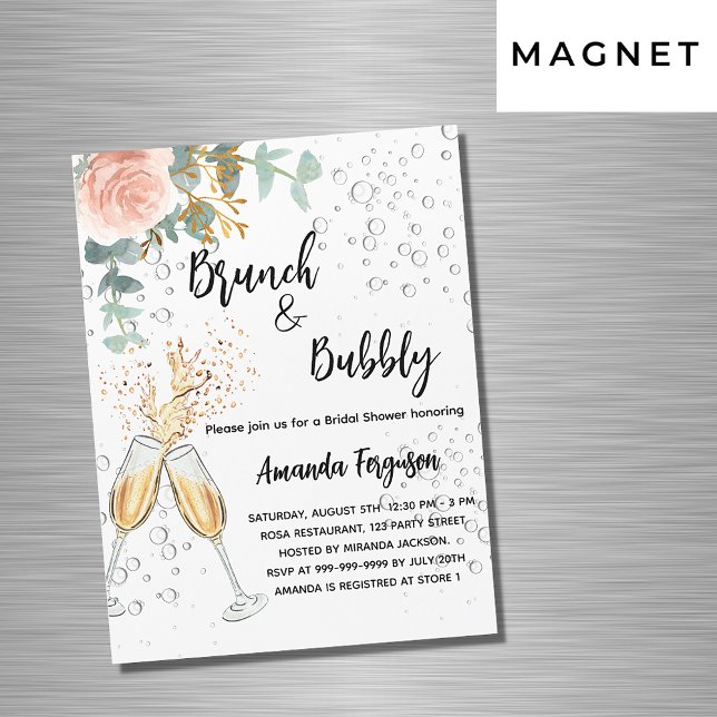 Invitación Magnética Brunch Bubbly Bridal Shower rosa de lujo floral (Subido por el creador)