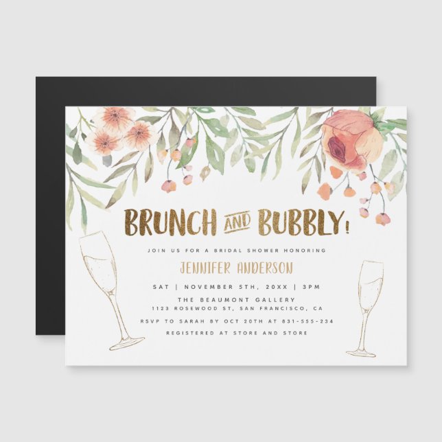 Invitación Magnética Brunch y Burbujas Bridal Shower con Rubor de Deste (Anverso/Reverso)