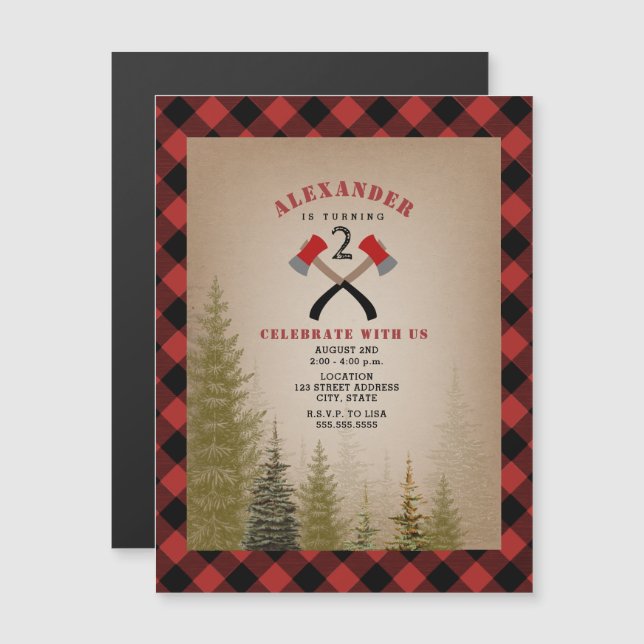 Invitación Magnética Buffalo Plaid Ax Woodland Lumberjack Cumpleaños (Anverso/Reverso)